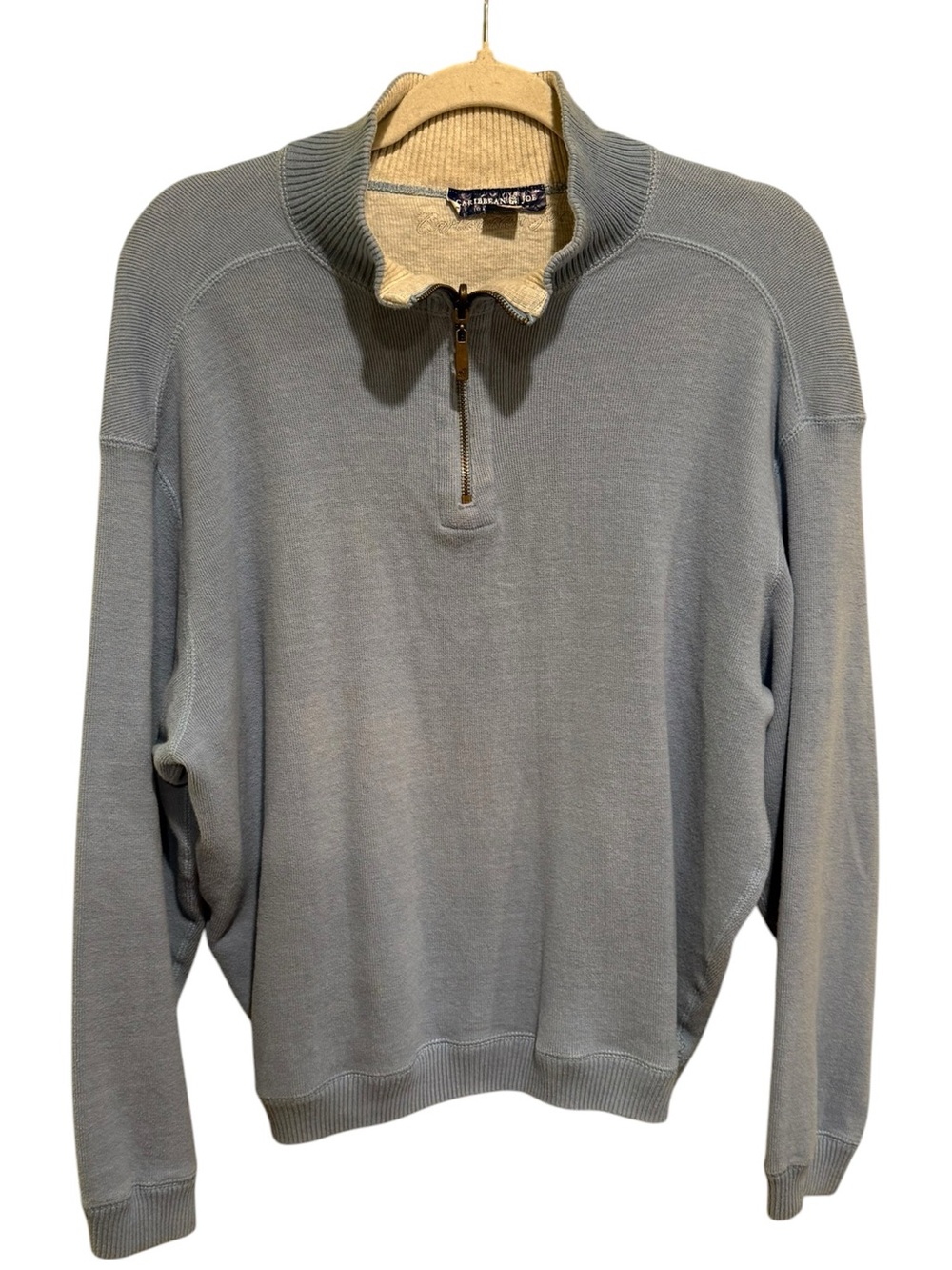 Caribbean Joe Men's Half-Zip Sweater in Light GreyBlue w/ Cream Collar - Size M